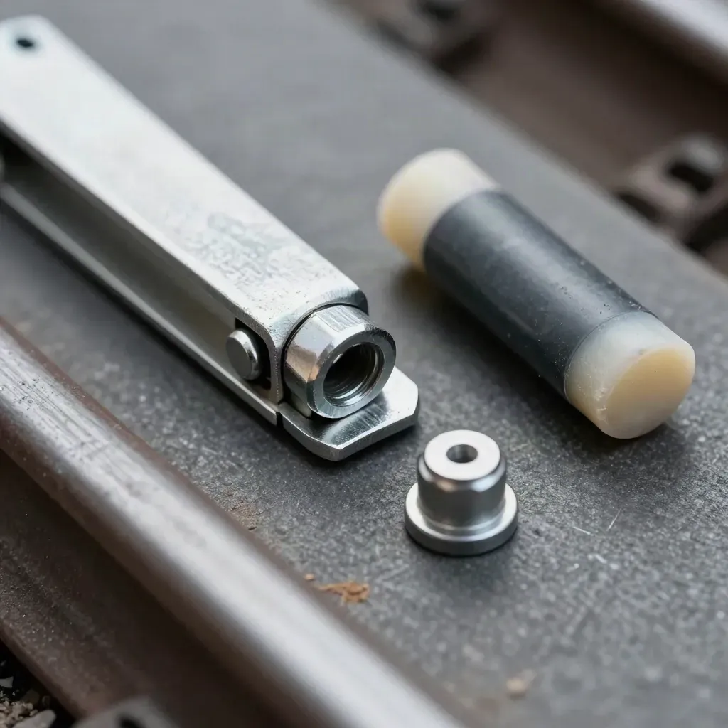 Rail clip, bolt, grease stick and spacer on graphite stone, macro close-up
