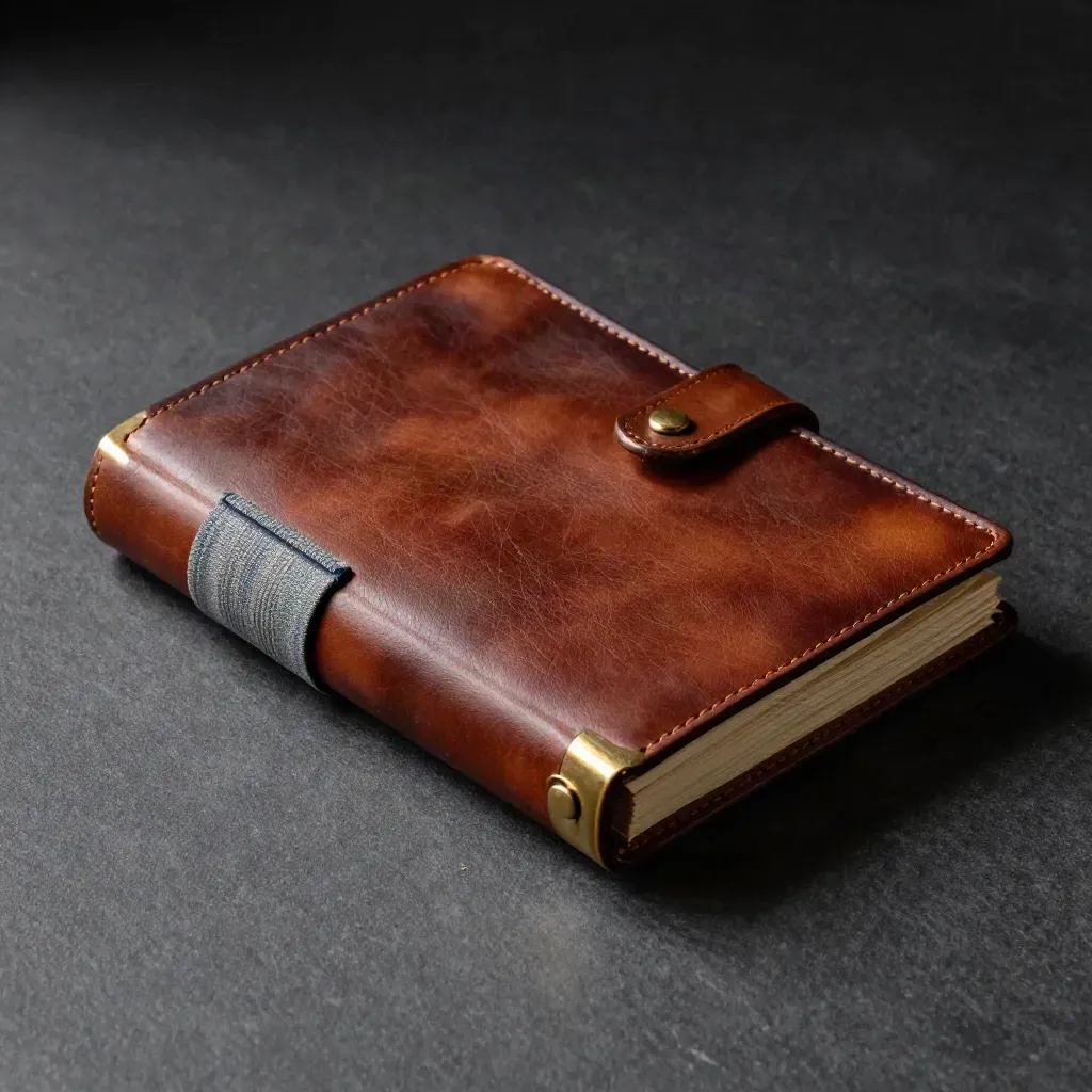 Leather journal, brass corners and wrapped finance slips on dark stone in dramatic close-up.