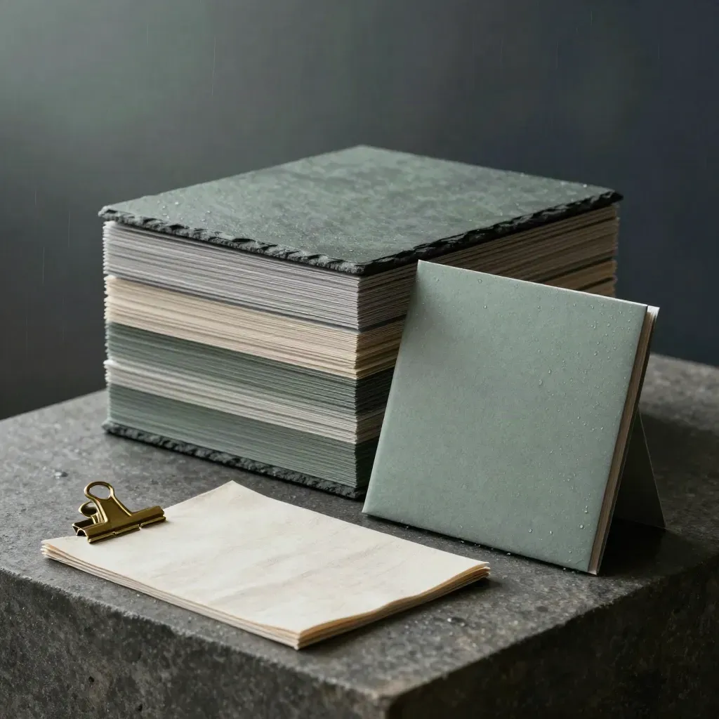 Slate strategy boards with linen swatches and a sealed folder on stone in soft dawn light.