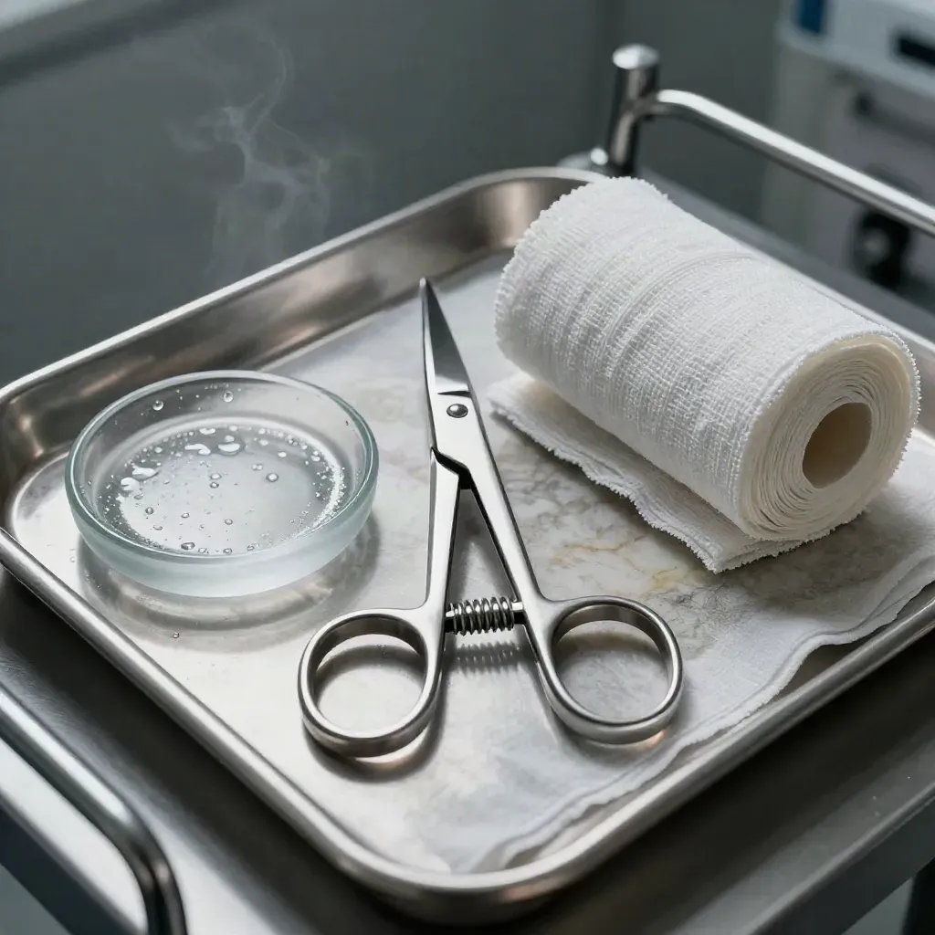 Top-down sterile prep still life with forceps, gauze roll and frosted glass dish on steel