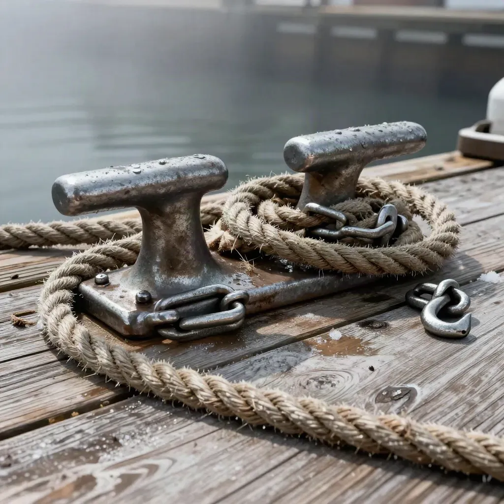 Dock cleat, coiled hemp rope, shackles and steel hook on pale wood in soft daylight.