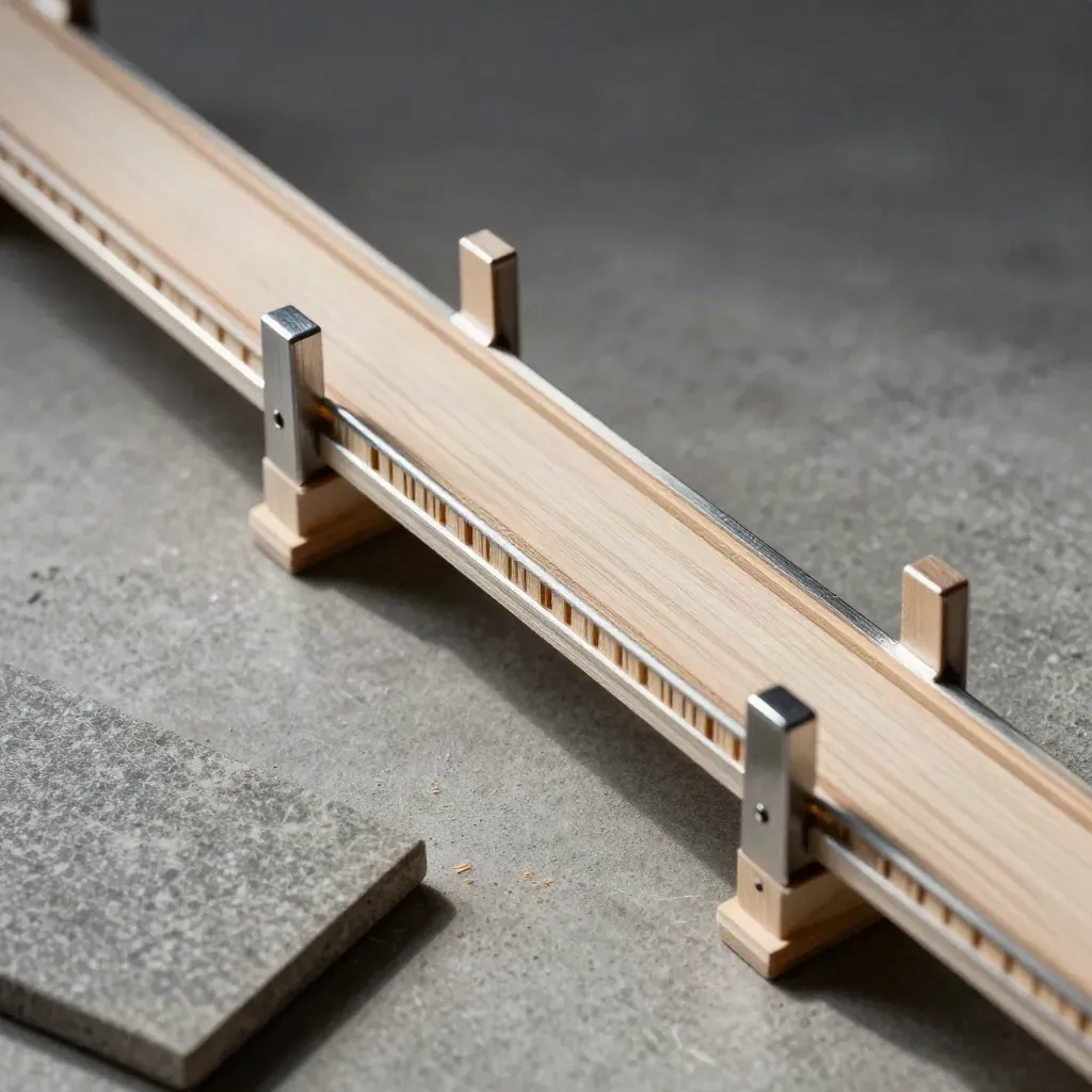 Miniature bridge model with birch beams, steel plates and stone tile on pale concrete.