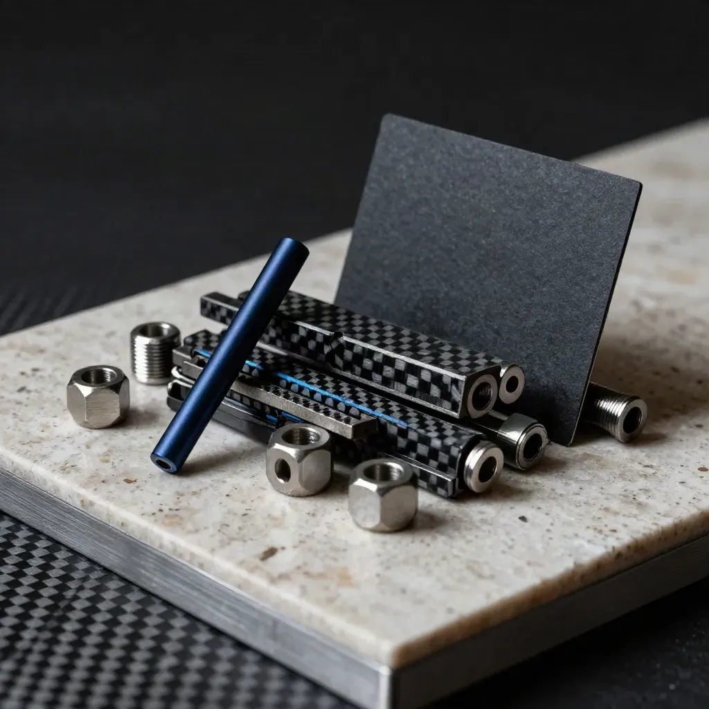 Machined spacers and carbon-fibre strips on travertine in dramatic studio light.