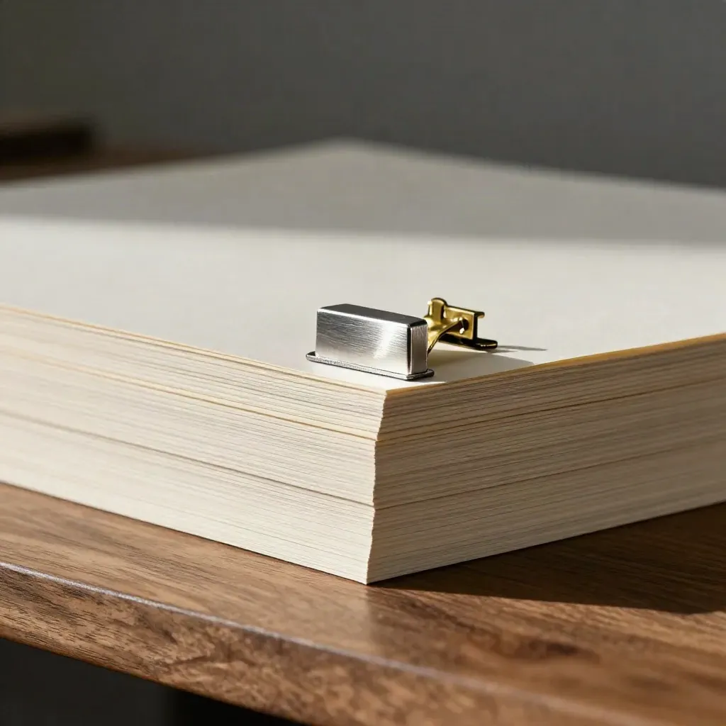 Macro of stacked brand boards with brass clip and aluminium weight on a walnut studio bench.