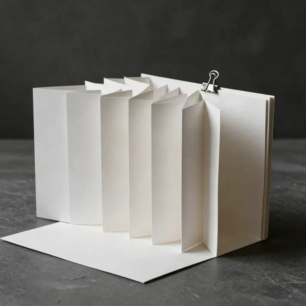 Blank accordion-fold website prototype with knife-cut sheet and binding clip on a dark plaster slab.