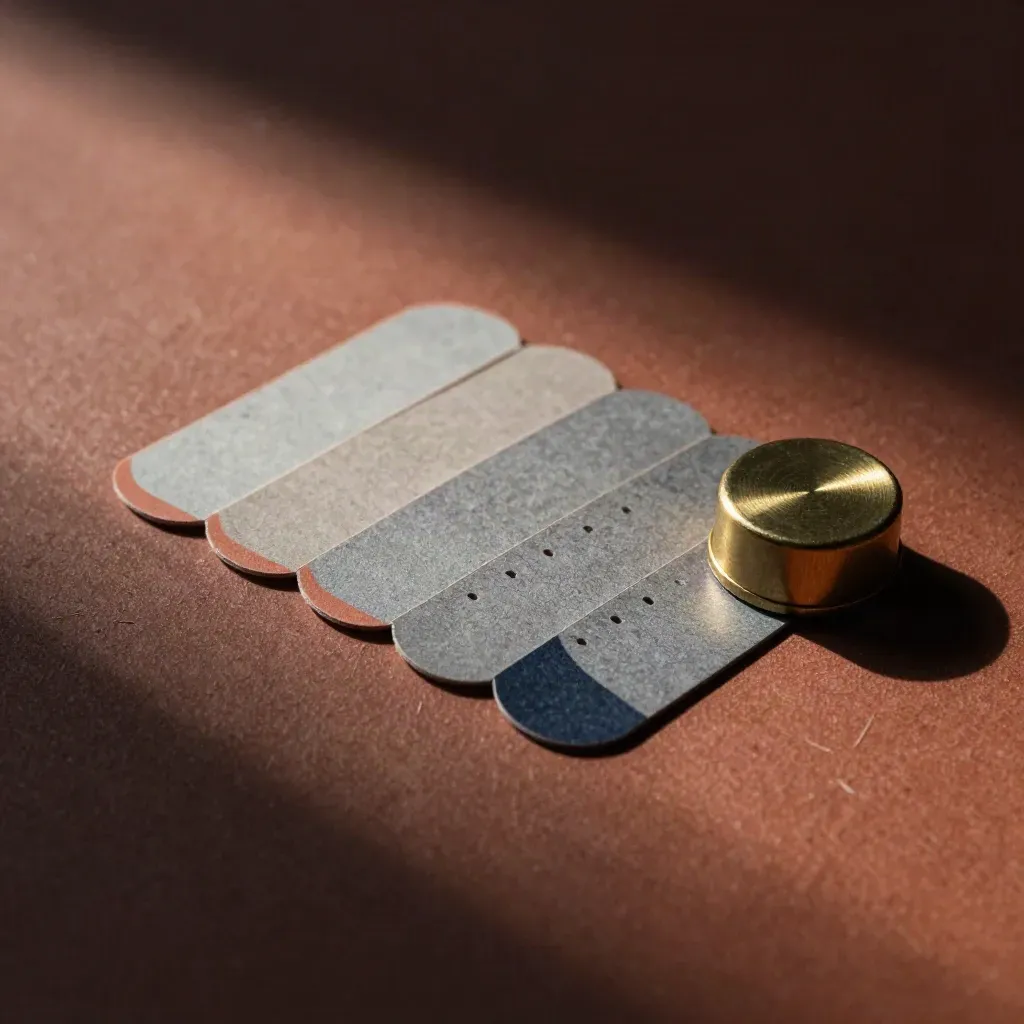SEO audit tabs, divider cards, and a brass paperweight on terracotta stone.