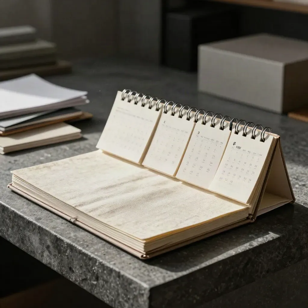 Linen notebook, spiral planner and monthly calendar cards on a graphite ledge in soft daylight.
