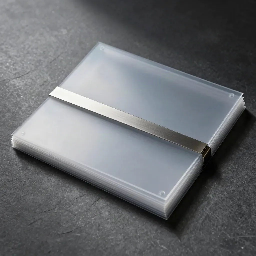 Top-down still life of acetate report sleeves, silver divider, and corner tabs on dark stone.