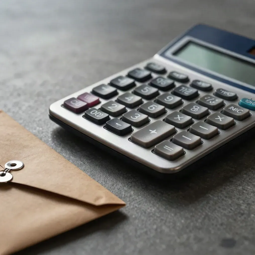 Graphite calculator beside a rolled sleeve and two metal counters on slate.