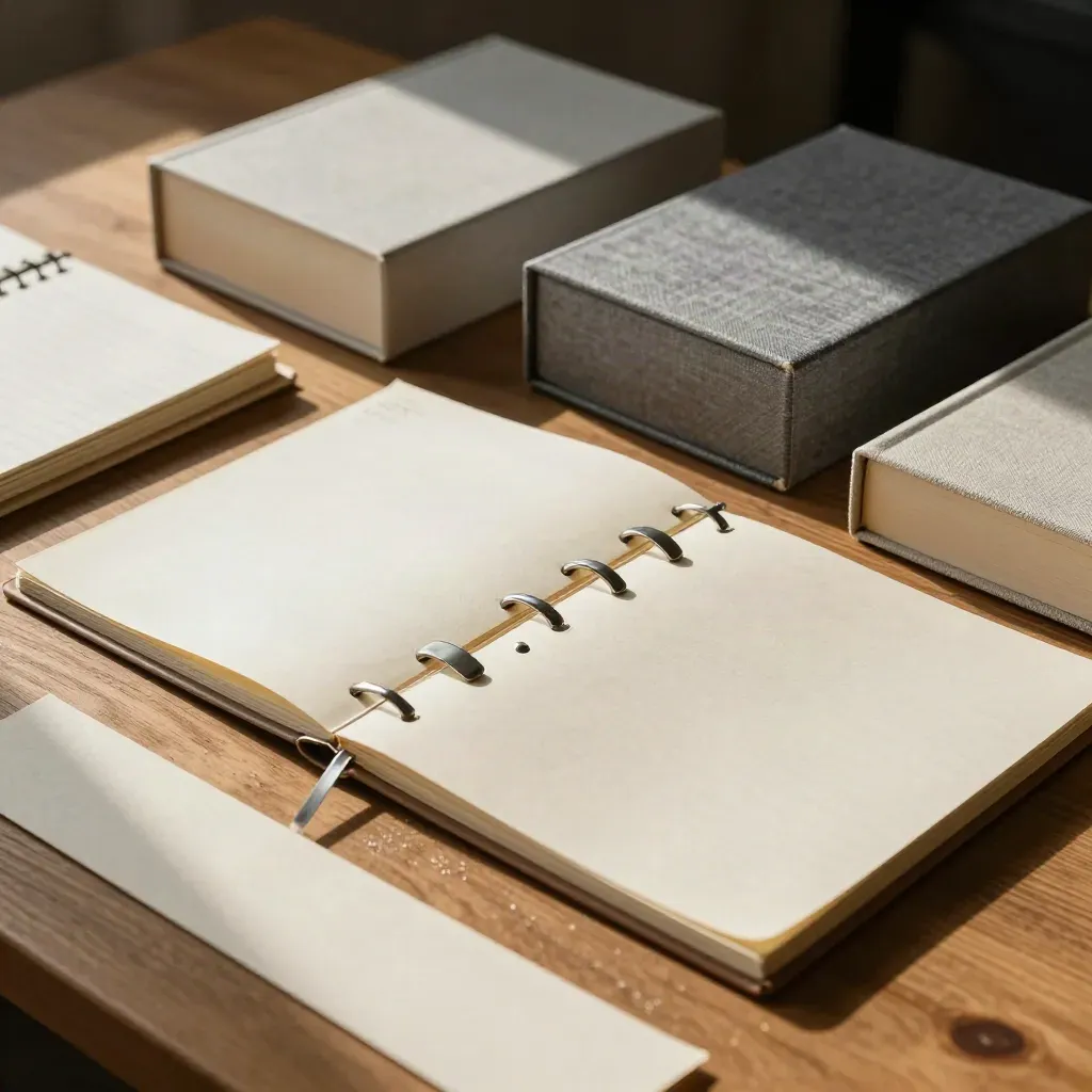 Overhead of bound notebooks, dividers and archive boxes on a honey-oak surface.