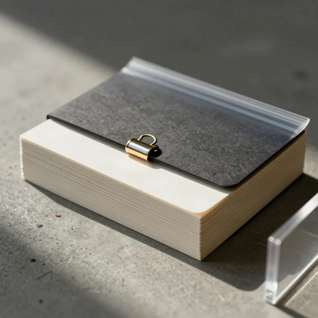 Macro launch kit: cards, folder, sleeve, and brass clip on concrete seen through blurred acrylic.