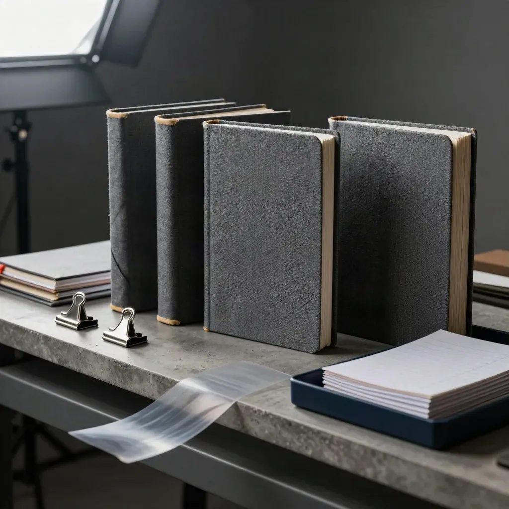 Blank workbooks, clips, and divider tray on slate concrete with a navy accent