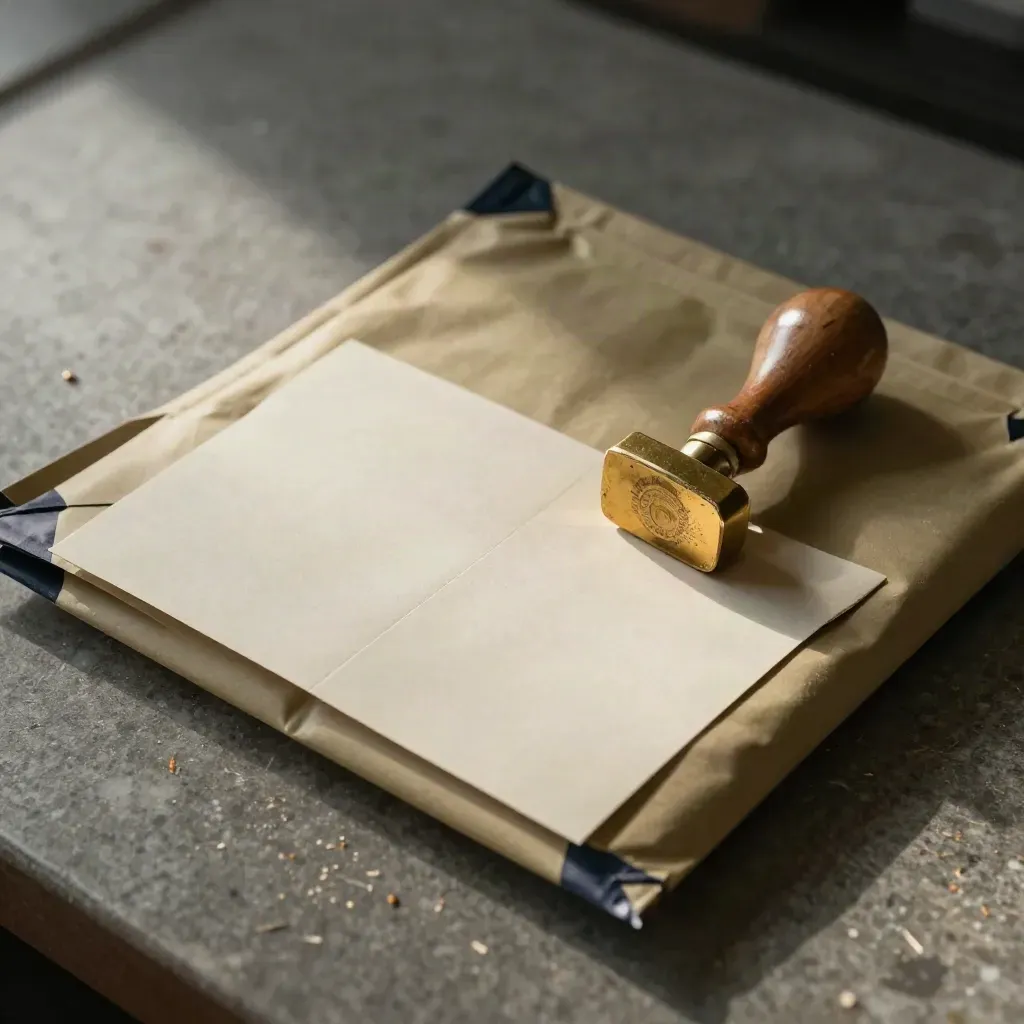 Top-down macro of a mailer, folded card and brass stamp block on stone.