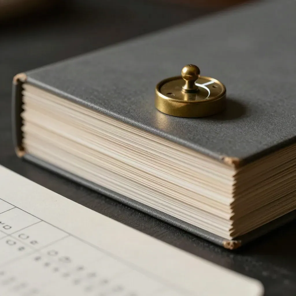 Macro still life of punched index cards, a brass tally counter and a matte folder in dark haze.