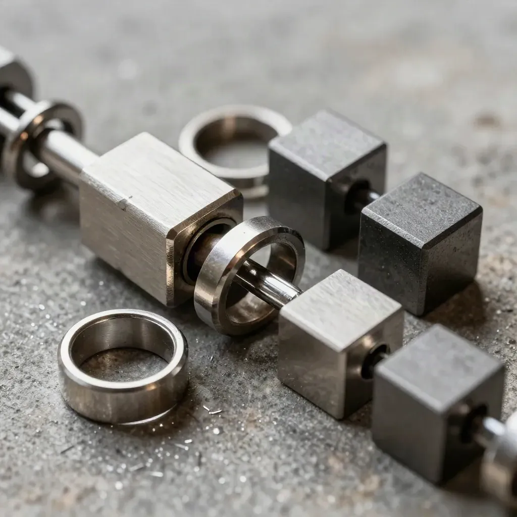 Top-down macro of machined rings and connector blocks linked in a clean workflow chain.