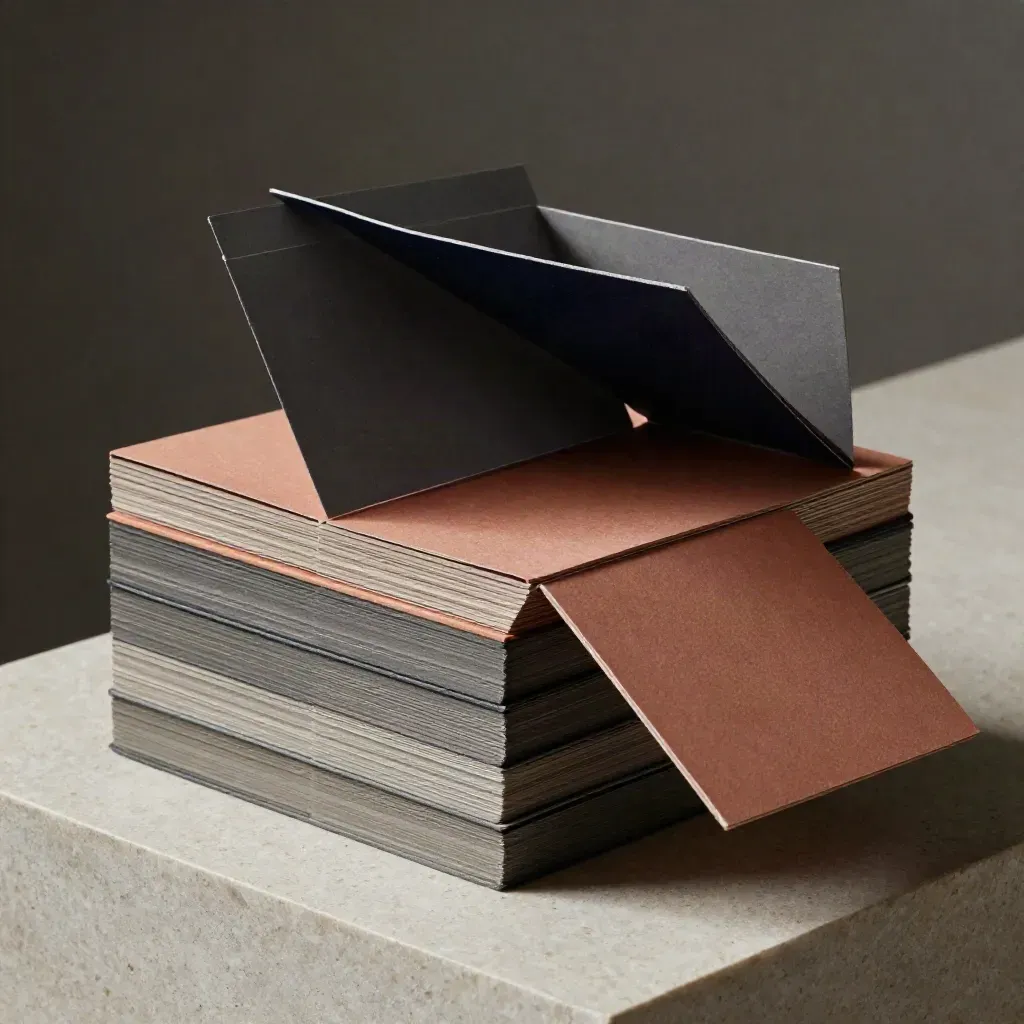 Graphite modular blocks, hinged cards, and a folded sheet on limestone in dramatic light.