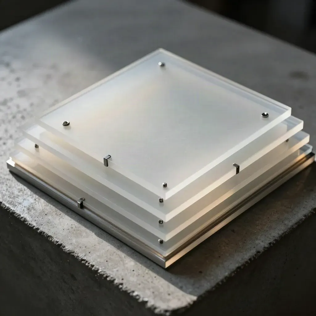 Acetate squares and aluminium spacers in a precise top-down macro grid on concrete.