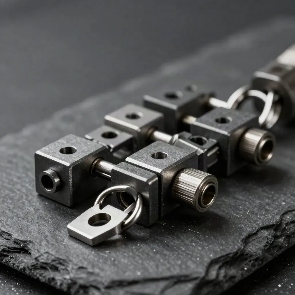 Extreme macro of graphite modular metal blocks and linked rings on slate under soft side light.