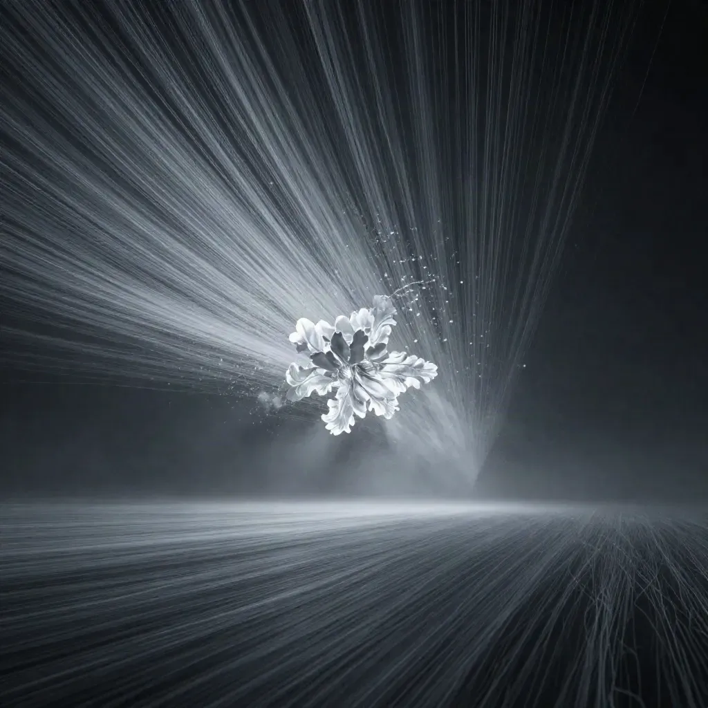 Silver filaments and a soft white bloom drifting in dark graphite space